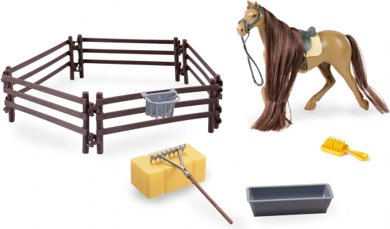 Brown horse with accessories and enclosure 14 cm