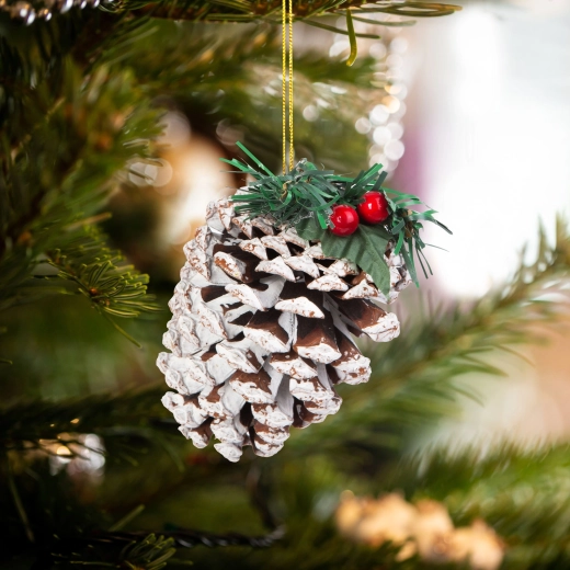Christmas decoration pine cone with red berries, 12 cm, 2 pcs