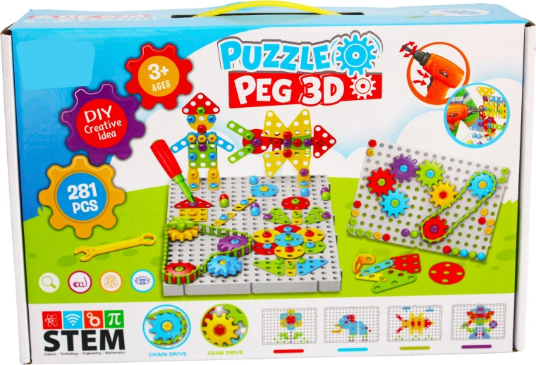 Kūrybinis 3D konstruktorius su vaikišku grąžtu Puzzle Peg (281 dalis)