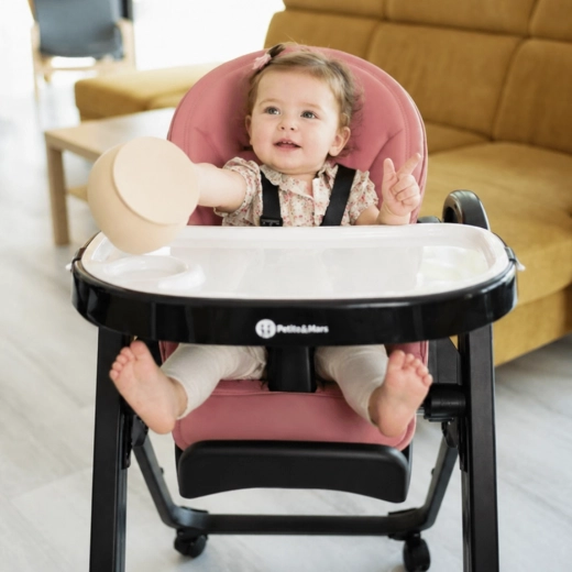 Safe and mobile: 5-point harness and wheels with brakes