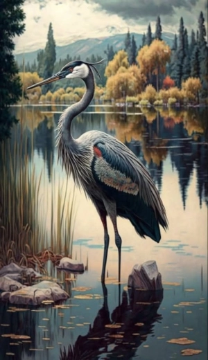 Deimantinė tapyba „Gervė prie ežero“ 30 × 40 cm