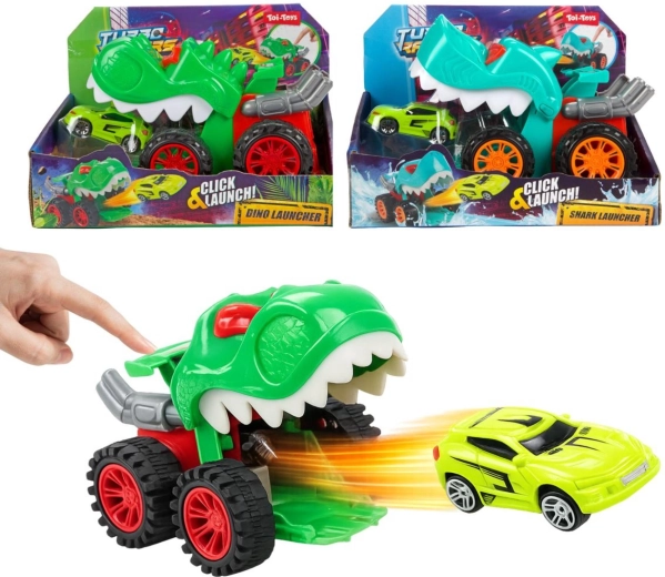 Dinozaurų iššaunamas automobilis su mašinėle
