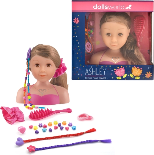 Dolls World šukavimo galva Ashley, brunetė, 21 cm