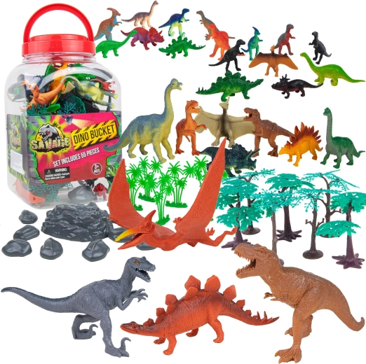 Boley dinozaurų figūrėlės kibirėlyje – 55 dalių rinkinys „T‑Rex ir draugai“