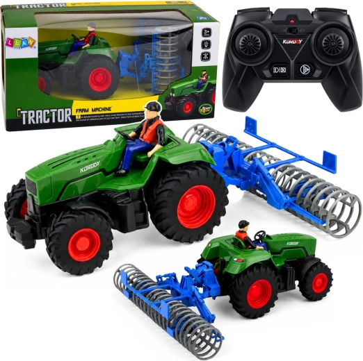 Green RC tractor with field roller and farmer figure 1:24