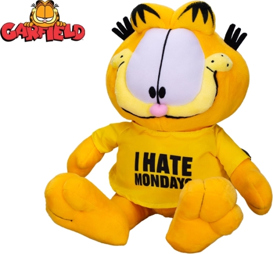 Pliušinis katinas Garfildas 24 cm – sėdintis, marškinėliai „I hate Mondays“