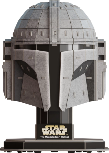 Detailed Mandalorian helmet on a stand