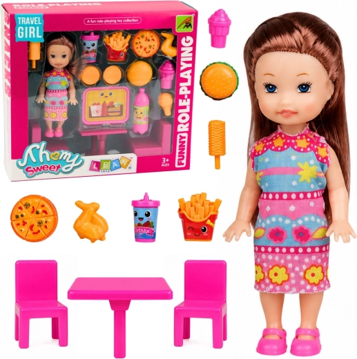 Mini lėlė su greitojo maisto rinkiniu, staliukas ir 2 kėdės (11 cm)