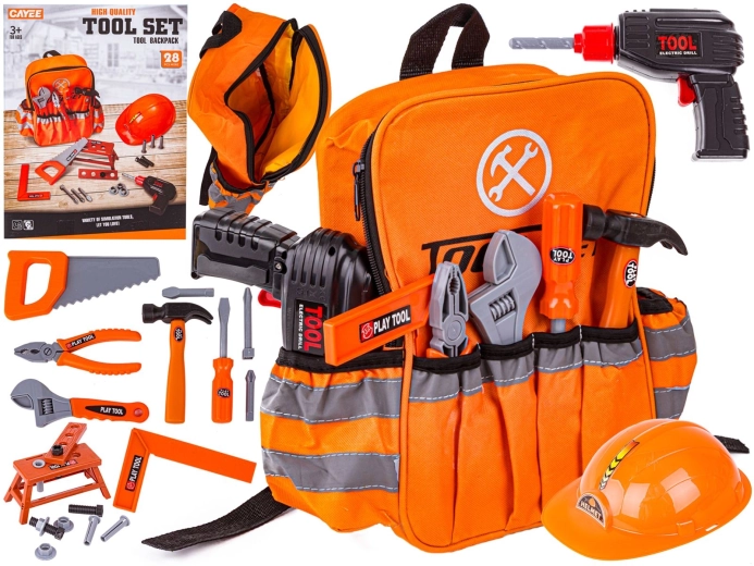 Children’s tool set with backpack, cordless screwdriver and safety helmet