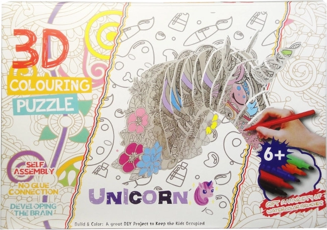 3D unicorn puzzle to color