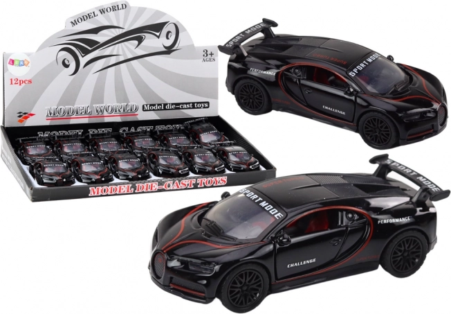 Metalinis sportinis automobilis 1:32 su figūrėle ir spoileriu, juodas, šviesos ir garsai