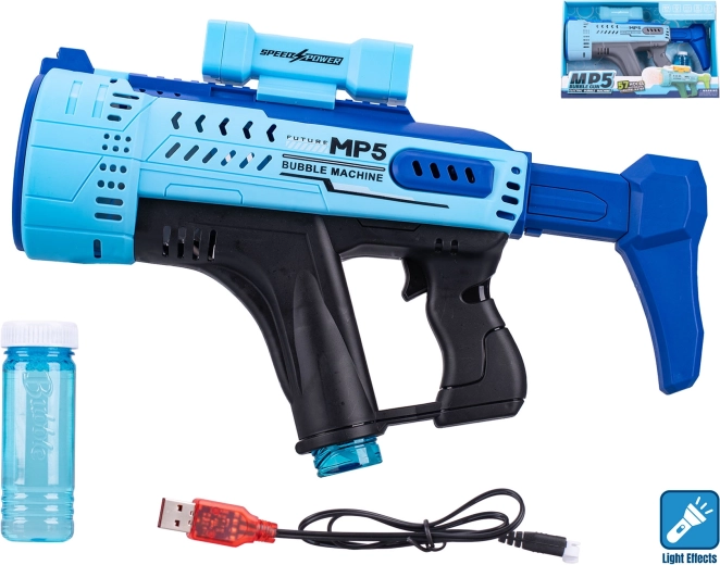 Mėlynas MP5 burbulų pistoletas su šviesos efektu, 44 cm