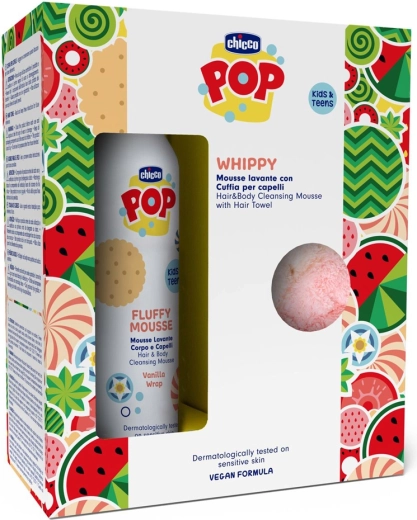 Chicco POP vanilinis kūno ir plaukų putos 2in1 su plaukų rankšluosčiu 200 ml