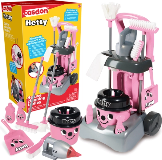 Casdon Hetty deluxe vaikiškas valymo vežimėlis su dulkių siurbliu ir šluoste