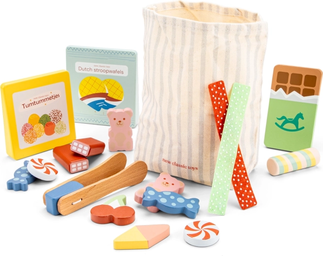 Wooden candy set with bag and tongs