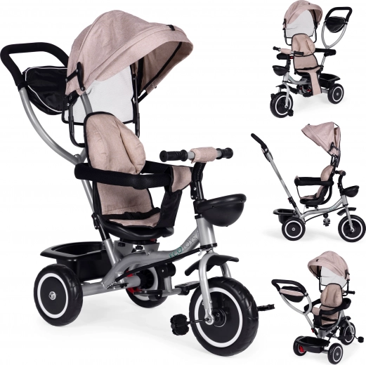 Vaikiškas 2‑in‑1 triratis su pasukama sėdyne ir sulankstomu stogeliu, smėlio spalvos ECOTOYS
