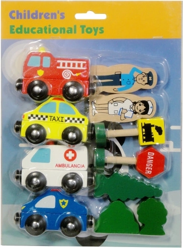 Wooden vehicles and traffic signs with magnets
