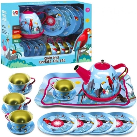 Children's Metal Tea Set with Tropical Birds, 14 Pieces