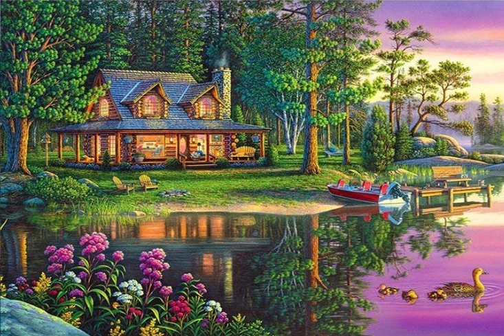 Norimpex Tapyba pagal skaičius „Namas miške prie tvenkinio“ 40 × 50 cm