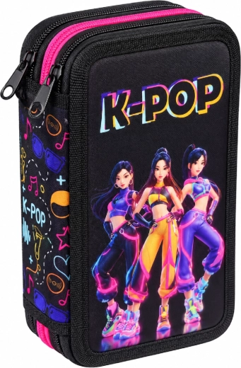 Trijų skyrių pilnai sukomplektuotas mokyklinis penalas „K-Pop Demon Hunters Huntrix“, juodas