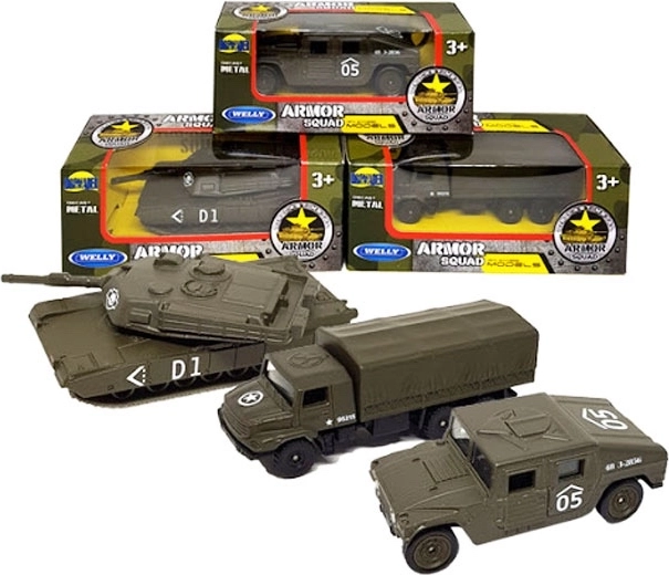 Metalinio automobilio modelis 1:60 Welly – karinių ir klasikinių automobilių miksas