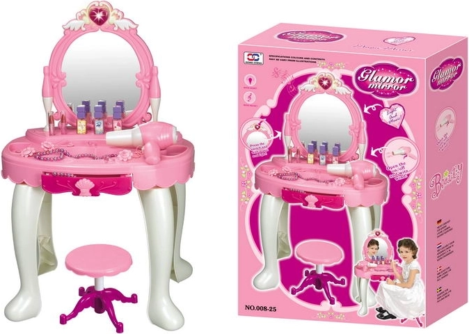 Glamour Vanity Table with Lighted Mirror and Battery-Powered Hair Dryer