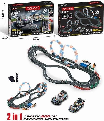 Lenktynių trasa 2in1 su kilpa, 2 automobiliai, 600 cm, 1:43