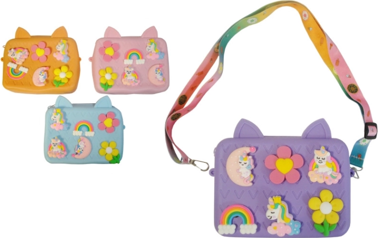 Silicone Pop It handbag with unicorn 3D appliqués - 1 piece