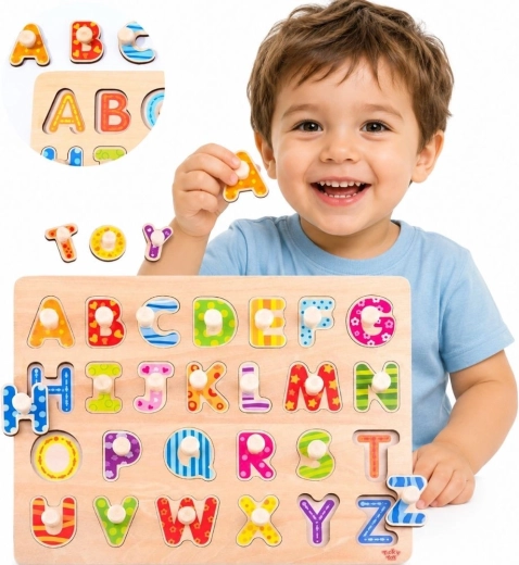 Tooky Toy Montessori medinė įstatoma abėcėlės dėlionė su rankenėlėmis