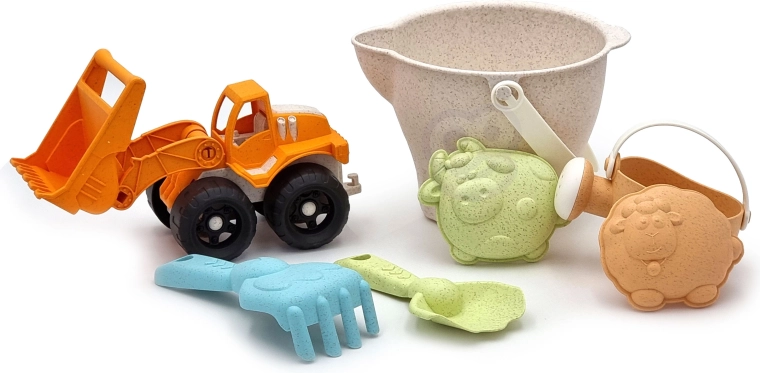 woopie green smėlio žaidimų rinkinys su krautuvu kibirėlyje, 7 dalys, biologiškai skaidoma medžiaga