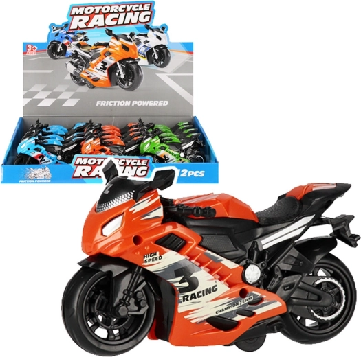 Spalvingas lenktyninis motociklas – žaislas vaikams, 14 cm