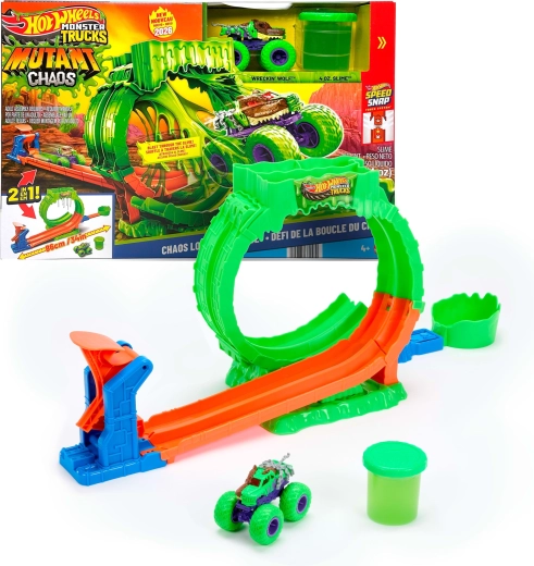 Hot Wheels Monster Trucks Mutant Chaos iššūkis – chaoso kilpa su gleivėmis ir automobiliuku Wreckin' Wolf