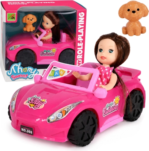 Mini lėlytė rožiniame kabriolete su šuniuku