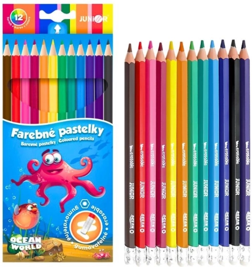 Trinamių (šešiakampių) pieštukų su trintuku rinkinys Junior Ocean World, 12 vnt.