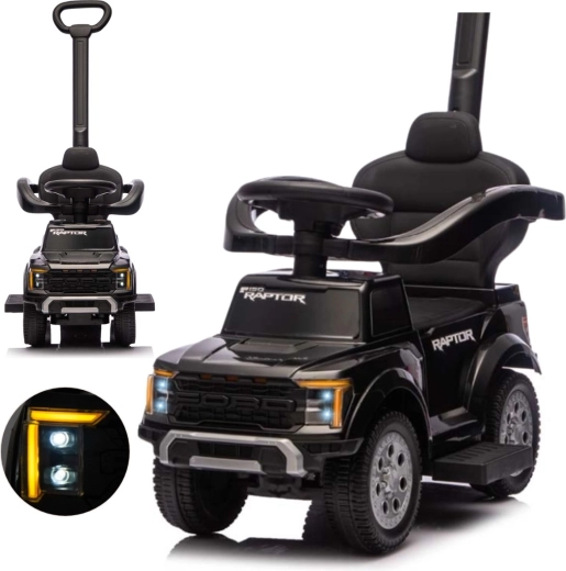 Milly Mally vaikiška pasispiriama transporto priemonė su stūmimo rankena Ford F-150 Raptor 3 viename, juoda