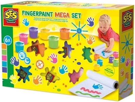 SES Creative mega pirštinių dažų rinkinys su 6 spalvomis po 110 ml ir 2 m popieriaus
