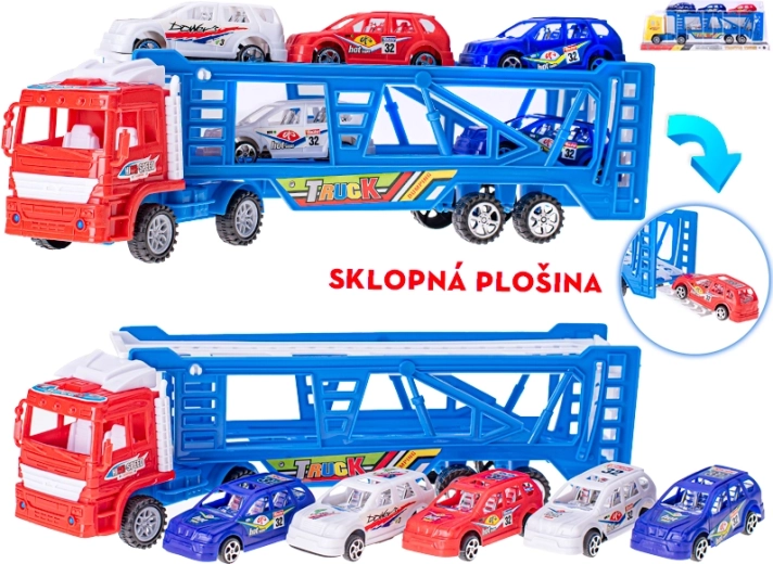 Automobilių transporterio vilkikas su inerciniu mechanizmu 38 cm su 5 automobiliukais