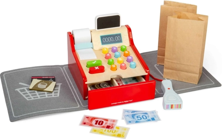 Medinė vaikiška kasos aparatė BIGJIGS TOYS su priedais