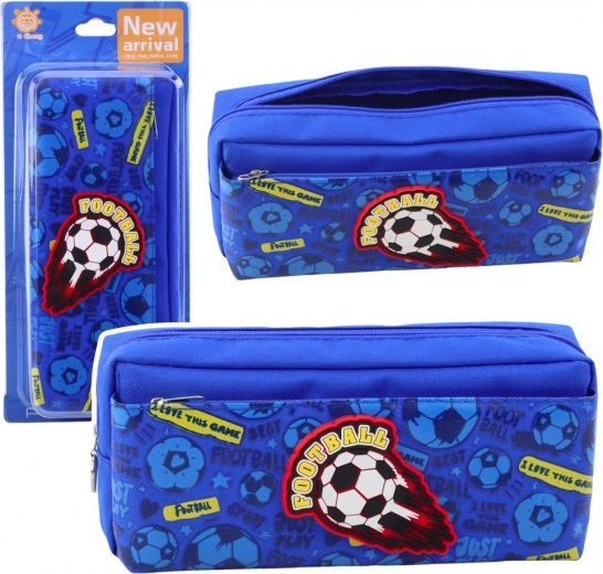 School pencil case with football motif, two compartments, blue