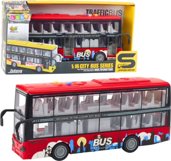 Miesto dviaukštis autobusas 1:16 su frikciniu (pull-back) pavara, šviesomis ir garsais – raudonas