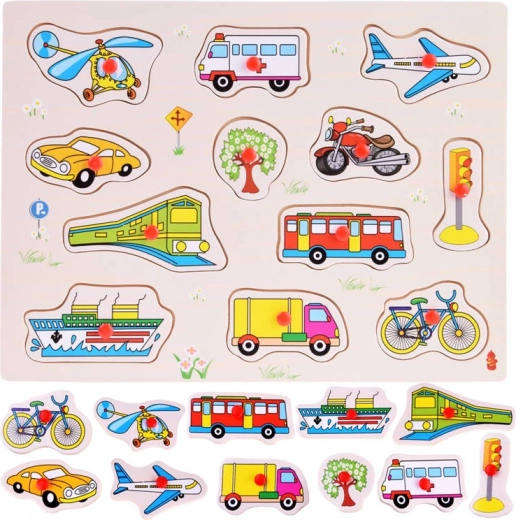 Medinė įstatomoji dėlionė „Transporto priemonės“ (12 dalių)