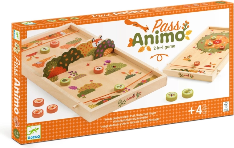 Djeco board game Pass Animo – double-sided wooden flick hockey and token fishing