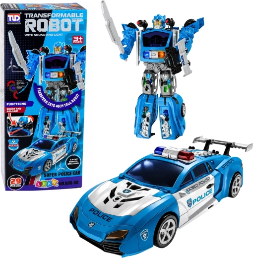 Policijos robotas 2 viename su sportiniu policijos automobiliu, šviesos, garsai ir šaudytuvas – 29 dalys