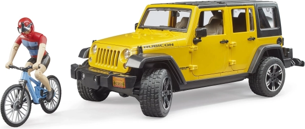 Bruder Jeep Wrangler Rubicon su dviratininku ir dviračiu