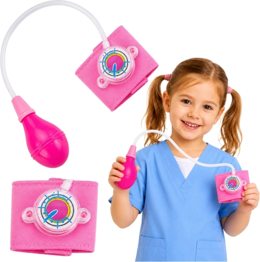 Pink kids’ toy blood pressure monitor for play with moving needle