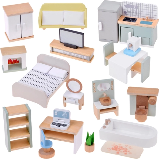 Wooden furniture set for a dollhouse – 28 pieces (kitchen, living room, bedroom, bathroom, study)