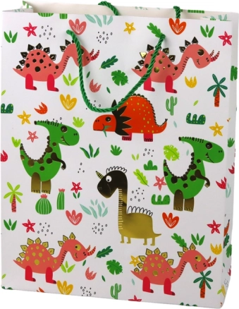 Popierinis dovanų maišelis su spalvotais dinozaurais ir palmėmis 32 × 26 × 10 cm