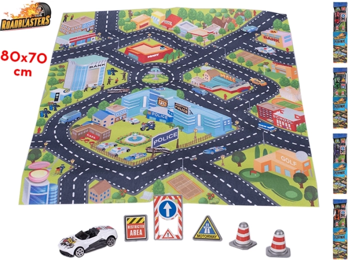 Transporto kilimėlis Roadblasters 80 × 70 cm su automobiliuku ir ženklais