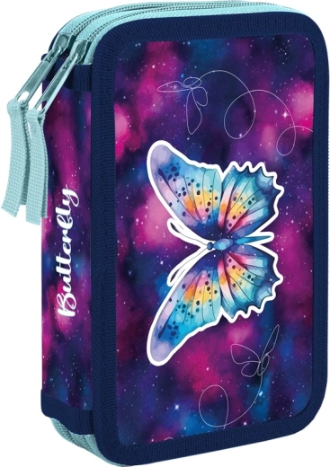 Dvipakopis mokyklinis penalas su drugelio motyvu, tuščias