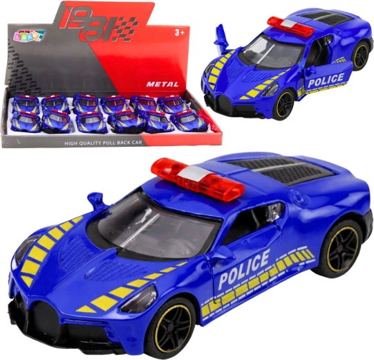 Metalinis policijos sportinis automobilis 1:43 su pull-back pavara ir atidaromomis durelėmis – mėlynas